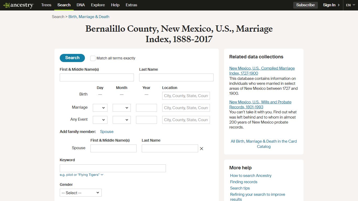 Bernalillo County, New Mexico, U.S., Marriage Index, 1888-2017